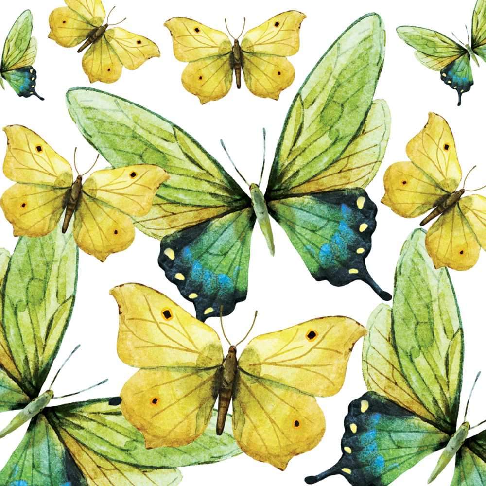 Green and yellow watercolour butterflies on white background