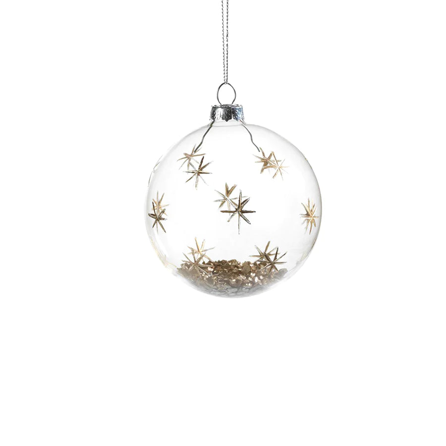 Clear Ball Ornament with Gold Stars and Gold Nuggets hanging by a silver thread 