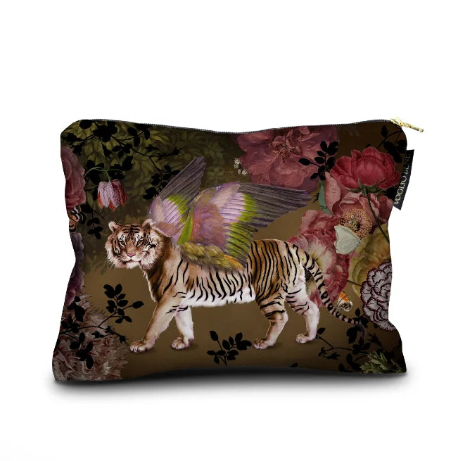 Accessory case face with winged tiger against background of flowers