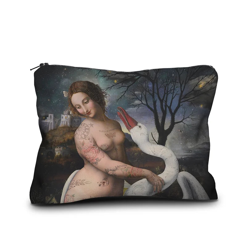 Velvet accessory case with Renaissance painting of Leda and  the Swan embellished with tattoos and butterflies.