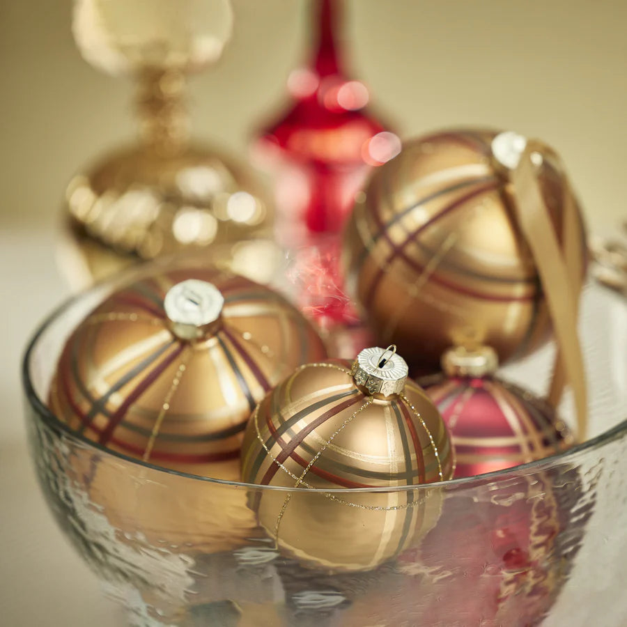 Plaid Metallic Glass Ball Ornaments in glass bowl