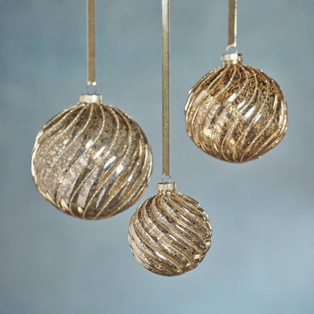 Antique Swirl with Glitter Glass Ball Ornaments 3 seizes hanging by golden ribbon - Gold 